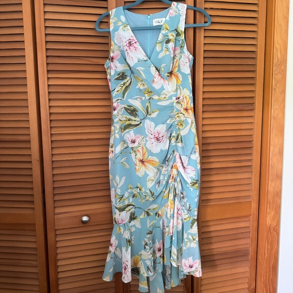 Eliza J Hawaiian Print Dress Blue Floral Tropical Aloha Size 4 - Picture 1 of 13